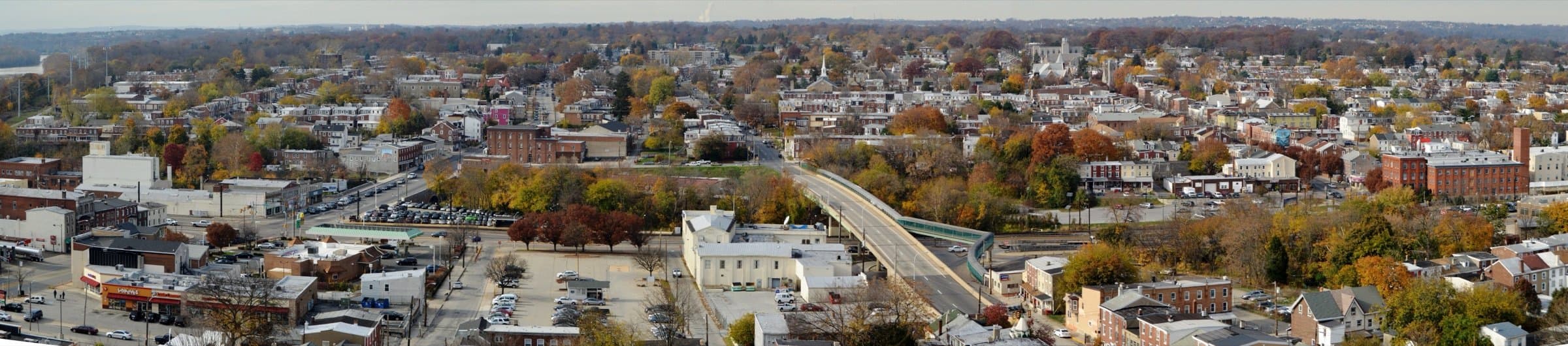 Aerial autumn panorama of Norristown, Pennsylvania