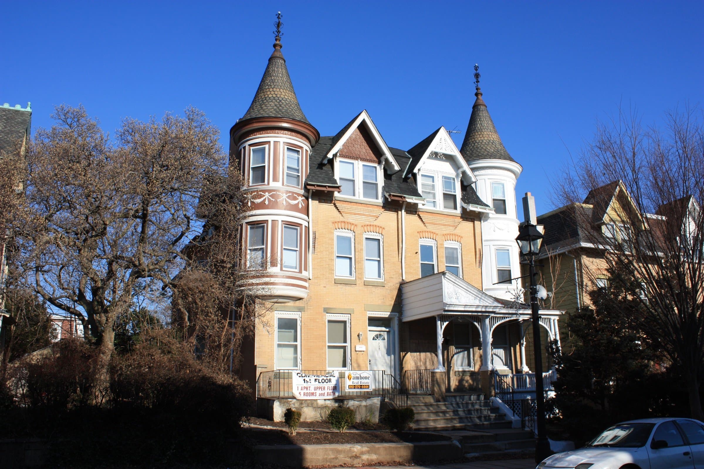 A Victorian twin home with turrets on Marshall Street, Norristown